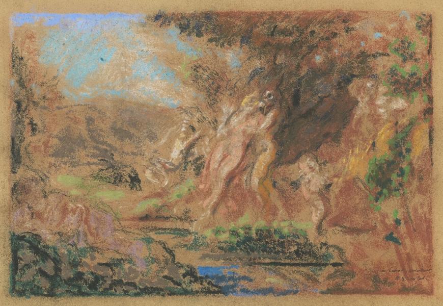 Ker-Xavier Roussel, "Satyre et nymphe avec amour dans un bois", ca. 1904-1907, Pastell, Gouache auf Velin, 26,9 x 34,5 cm
